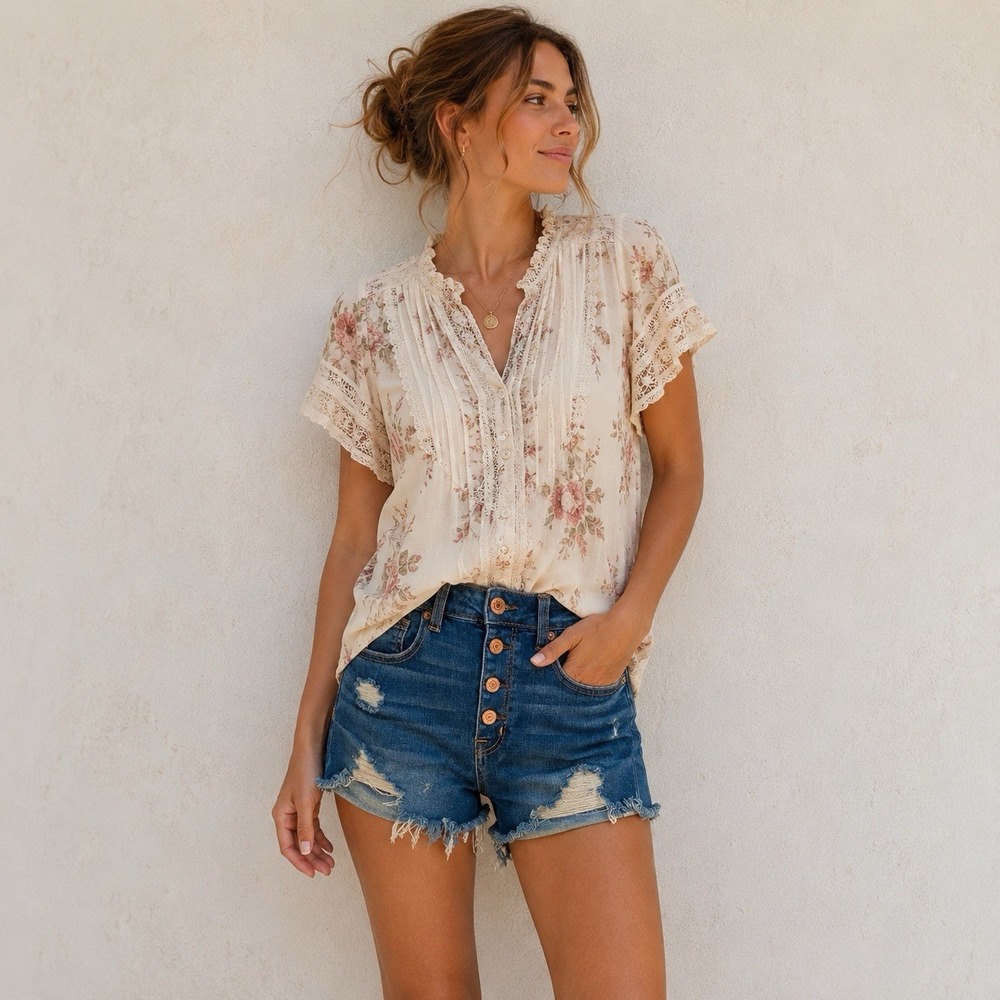 American Eagle High Rise Denim Shorts Size 6 Blue Distressed Button Fly Shortie